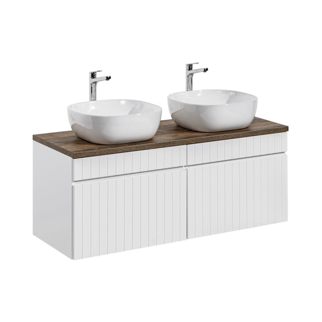 Ensemble Icon Blanc: Meubles Sous Vasque 120cm + Plan Pour Vasque Aspect Bois Foncé + Deux Vasques À Poser Blanches