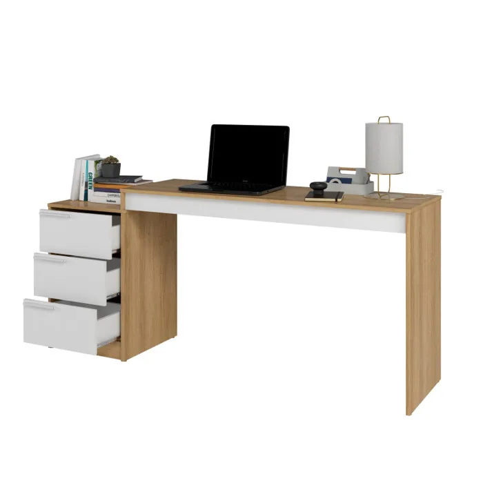 Beaux Meubles Pas Chers - Bureau Droit Avec Caisson 3 Tiroirs Amovible - Bois Mélaminé Imitation Chêne Et Blanc - Dimensions L 135 X H 78.5 X P 44.7 Cm