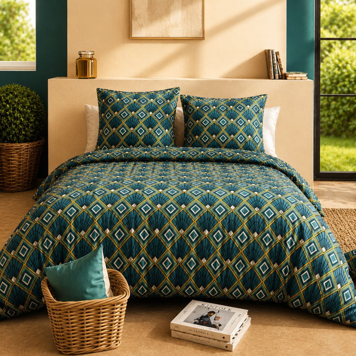 Parure Housse De Couette 260x240cm + 2 Taies Motif Art-déco Bleu Et Jaune 100% Coton - Lirika