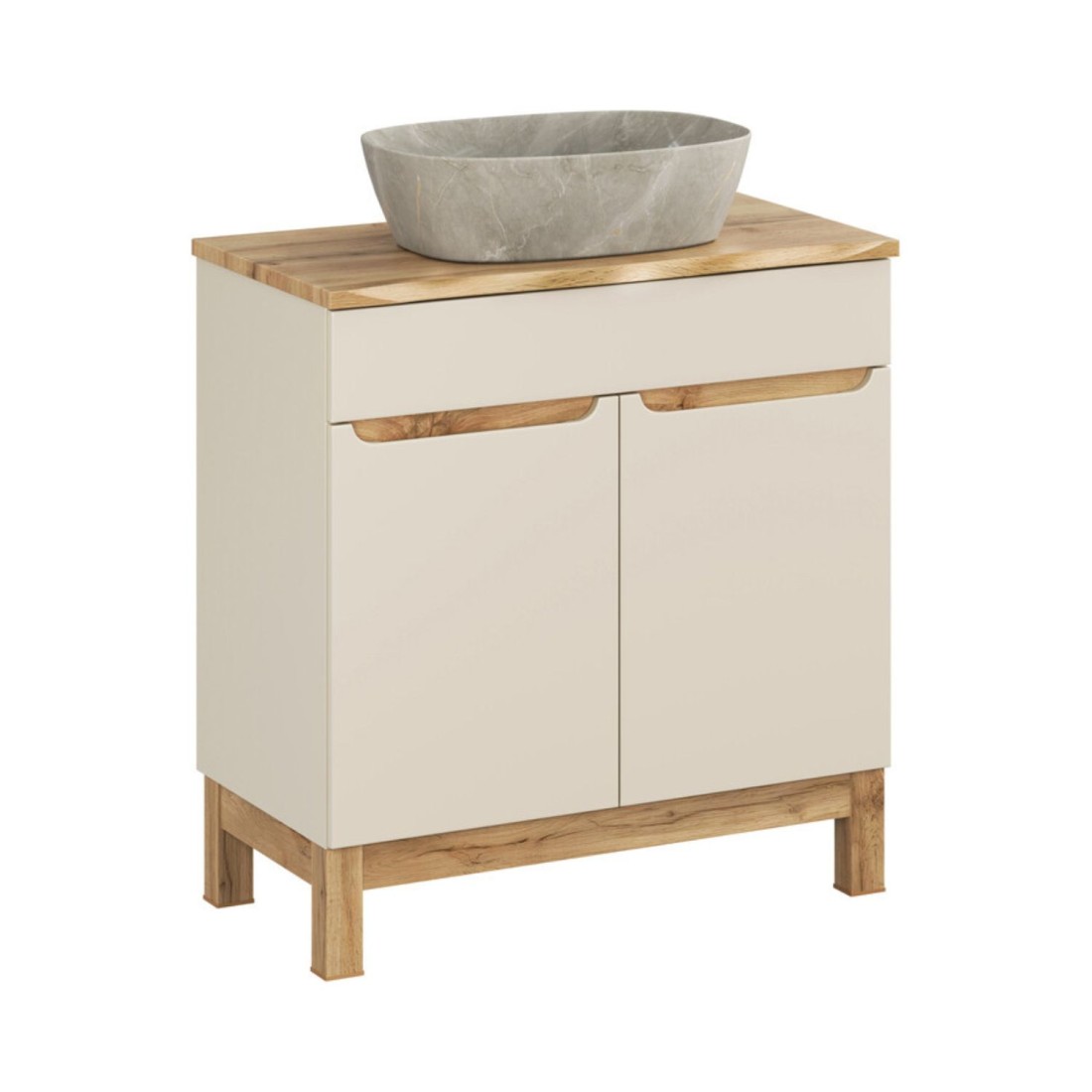 Ensemble Ermano Cachemire 80cm: Meuble Sous Vasque + Plan Pour Vasque Biseauté + Vasque À Poser Grise Effet Pierre