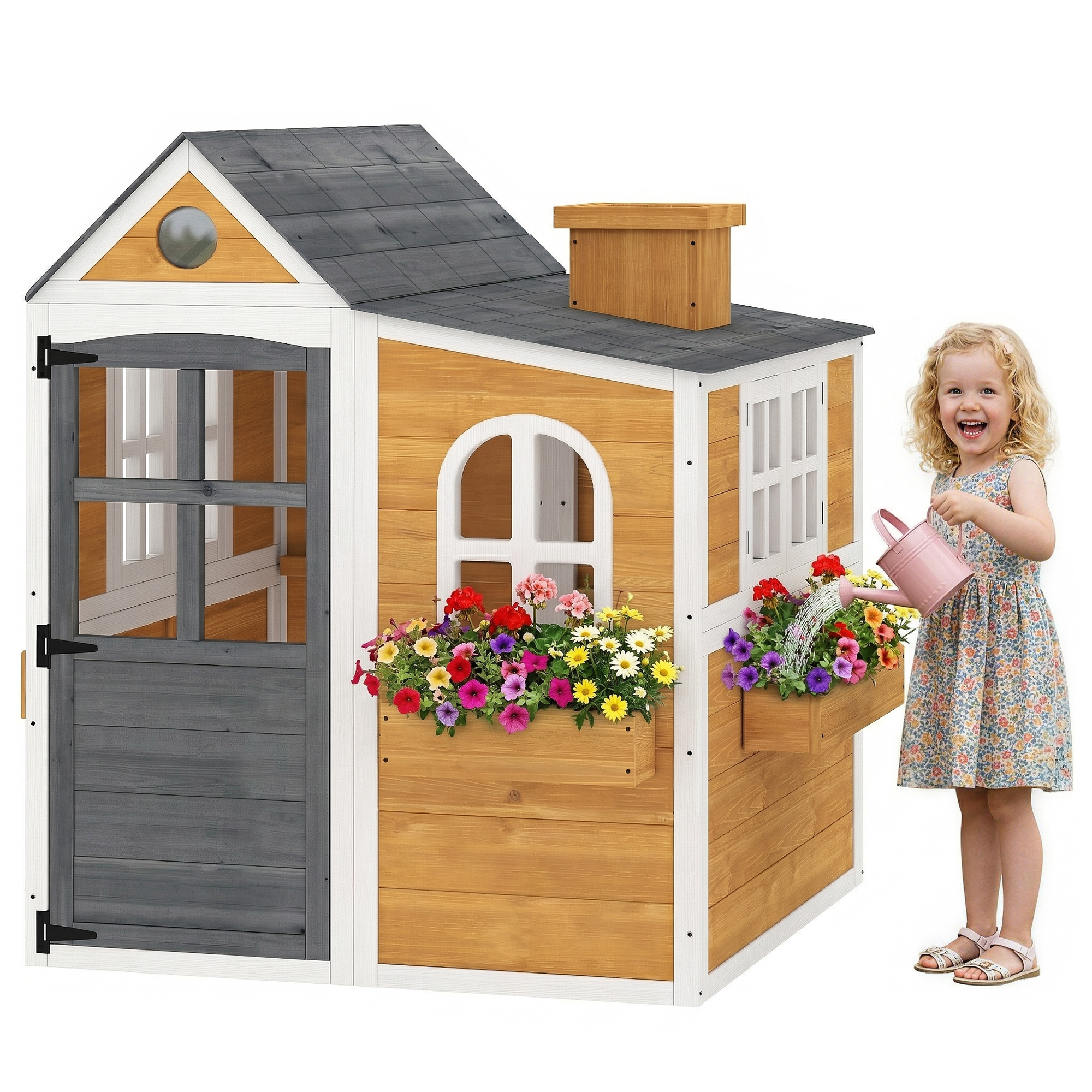 Aiyaplay - Cabane De Jardin Pour Enfant En Bois - 125,5 X 119 X 126 Cm - 3 Fenêtres Ouvrables - 3 Bacs À Fleurs - Peinture Résistante Aux Intempéries