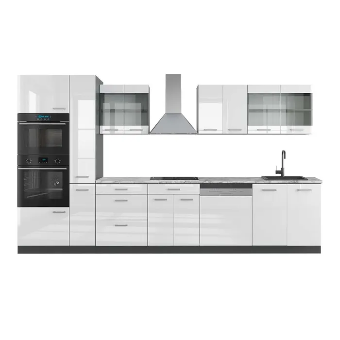 Vicco Cuisine Blanc brillant/Anthracite 350cm avec armoire haute, PT Marbre