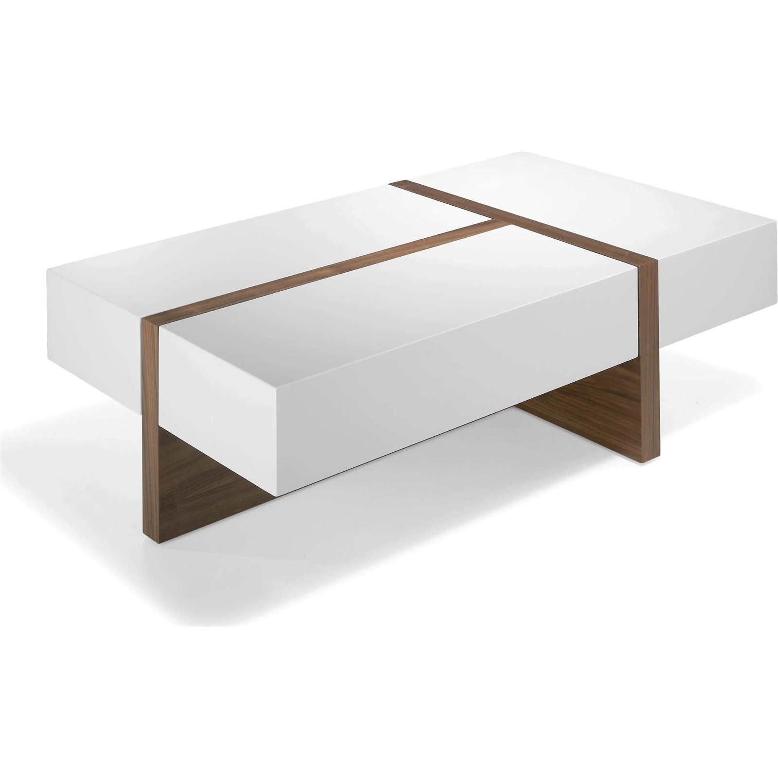 Table Basse Rectangulaire Bois Plateau Laqué 2 Tiroirs Latéraux 1 Tiroir - Noyer, Blanc Brillant