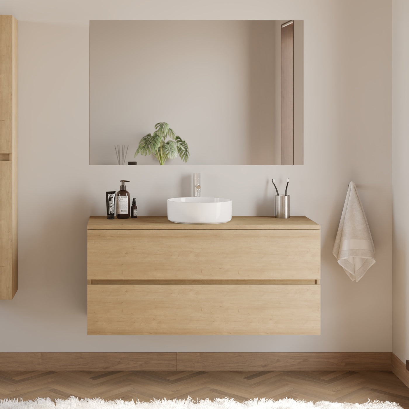 Meuble De Salle De Bain 120cm Avec Plateau Et Vasque À Poser Ronde - 2 Tiroirs - Nebraska (chêne Clair) - Ida