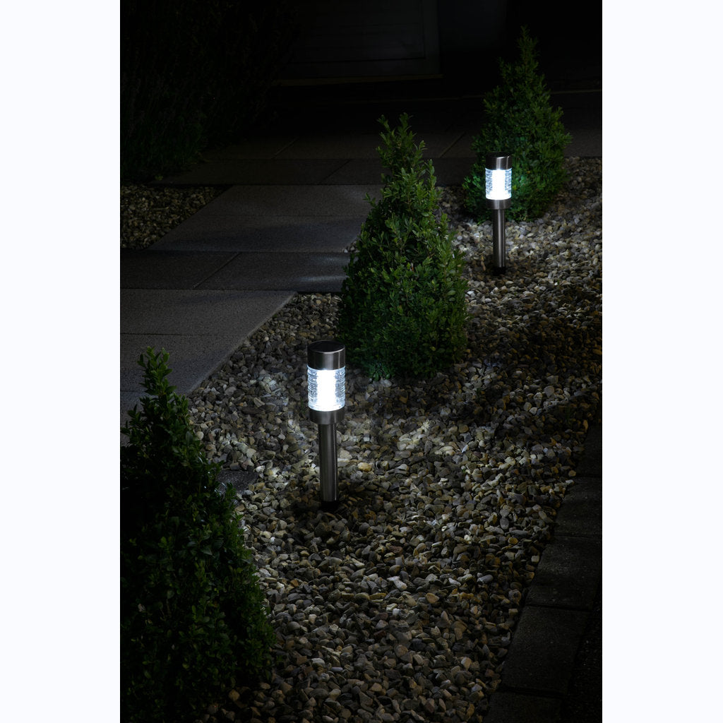 Balise Solaire Inox 42 cm, Verre Rainuré, Halo Lumineux Ao Sol, À Planter Ou Poser, Design Moderne