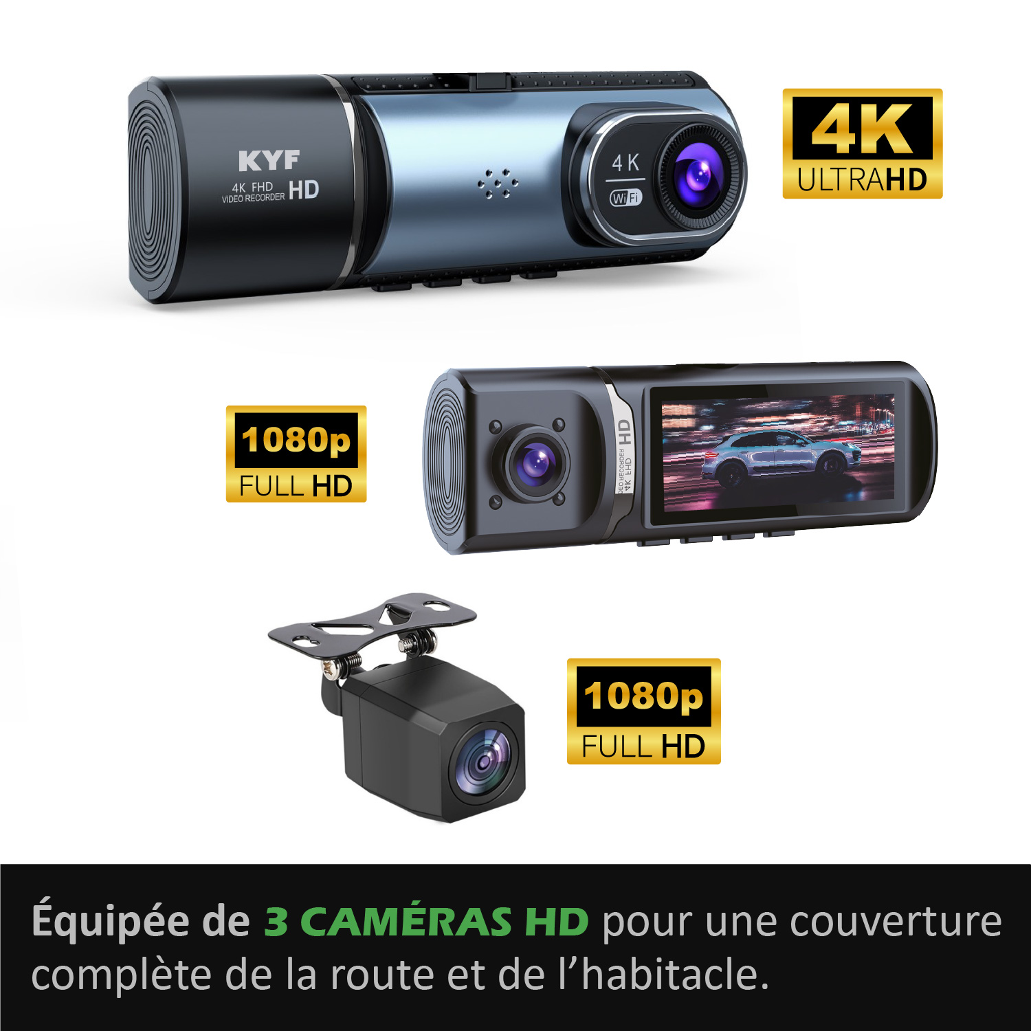 Dashcam 4k Intelligente Triple Vison Avant / Arrière / Habitacle
