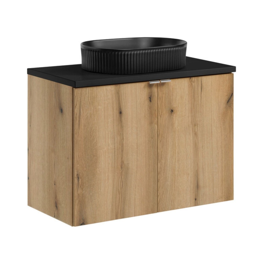 Ensemble Vano Aspect Chêne Et Noir 80cm: Meubles Sous Vasque À Placards + Plan Pour Vasque + Vasque À Poser Rainurée Noire