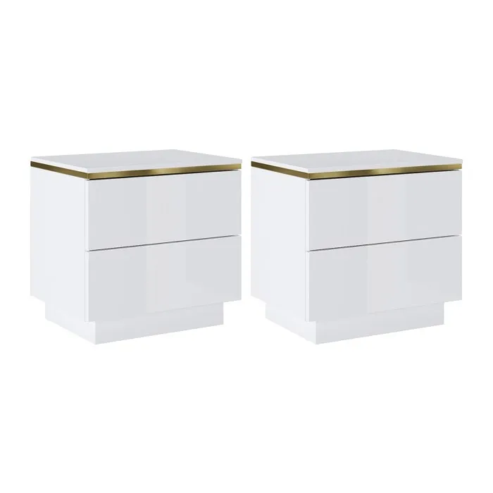 Lot de 2 tables de chevet avec 2 tiroirs - Blanc brillant et doré - VUKIA