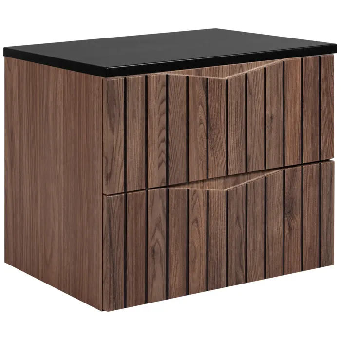 Meuble de salle de bain sous vasque suspendu avec plan noir STELLA noyer 60 cm façades rainurées