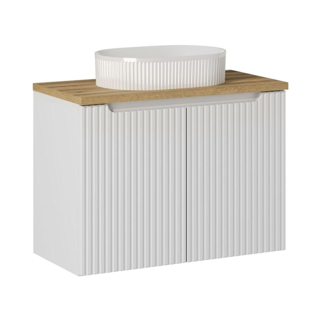 Ensemble De Salle De Bain Vano Blanc 80cm: Meuble Sous Vasque À Placards + Plan Pour Vasque + Vasque À Poser Rainurée Blanche