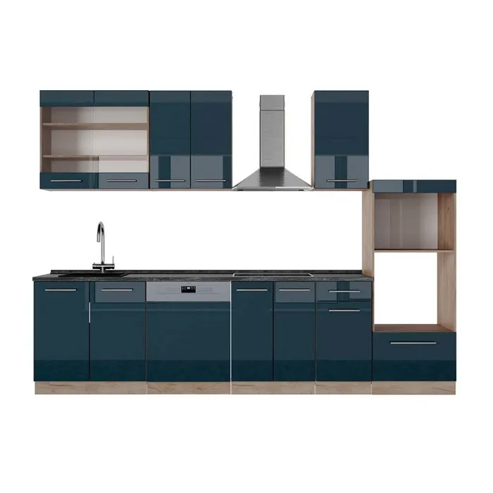 Vicco Cuisine bleu foncé brillant/chêne doré 300cm avec armoire haute, PT Anthracite
