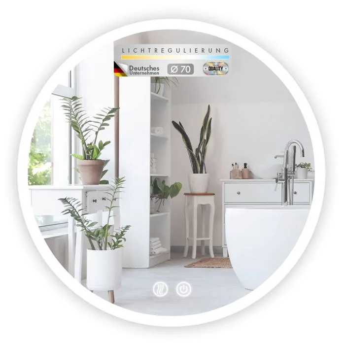 Miroir De Salle De Bain Avec Éclairage Led Liora Commande Tactile Avec Anti-buée Et 3 Couleurs De Lumière Au Choix Ø 70 Cm
