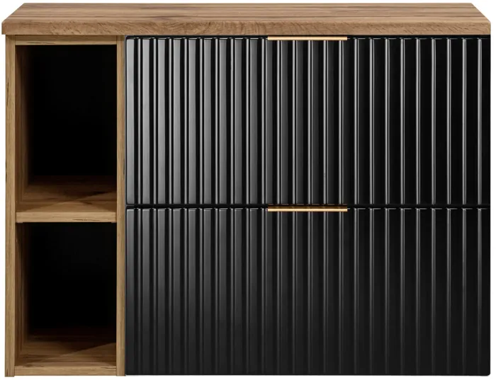 Meuble sous vasque FLOW NOIR 80 cm avec l'étagère - extension et plan chêne