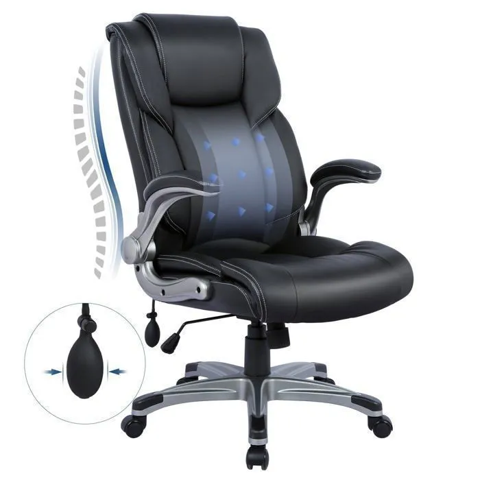 Chaise De Bureau Ergonomique En Similicuir,dossier Inclinable, Accoudoirs Et Hauteur Réglables - Noir