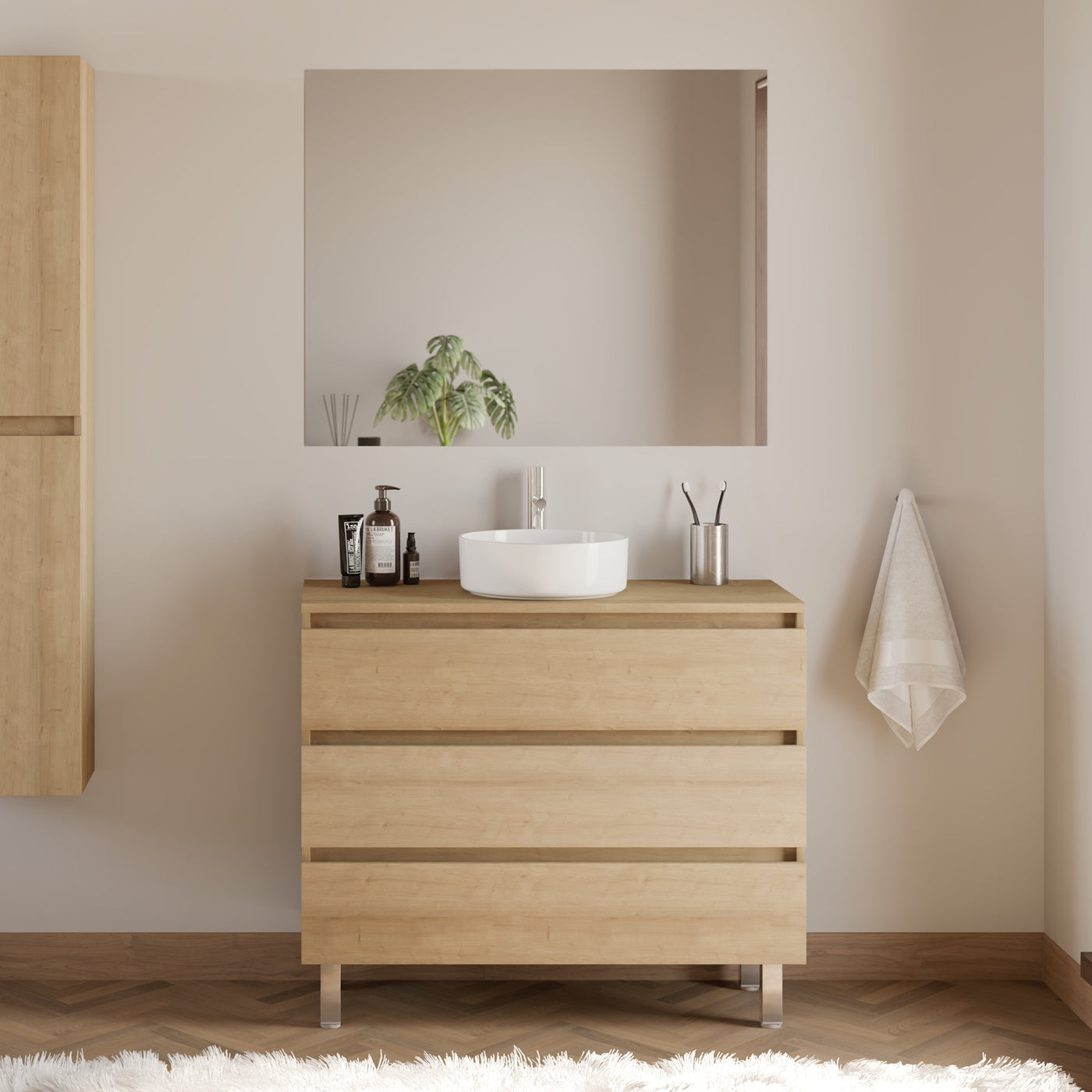 Meuble De Salle De Bain 100cm Avec Plateau Et Vasque À Poser Ronde - 3 Tiroirs - Nebraska (chêne Clair) - Mayor