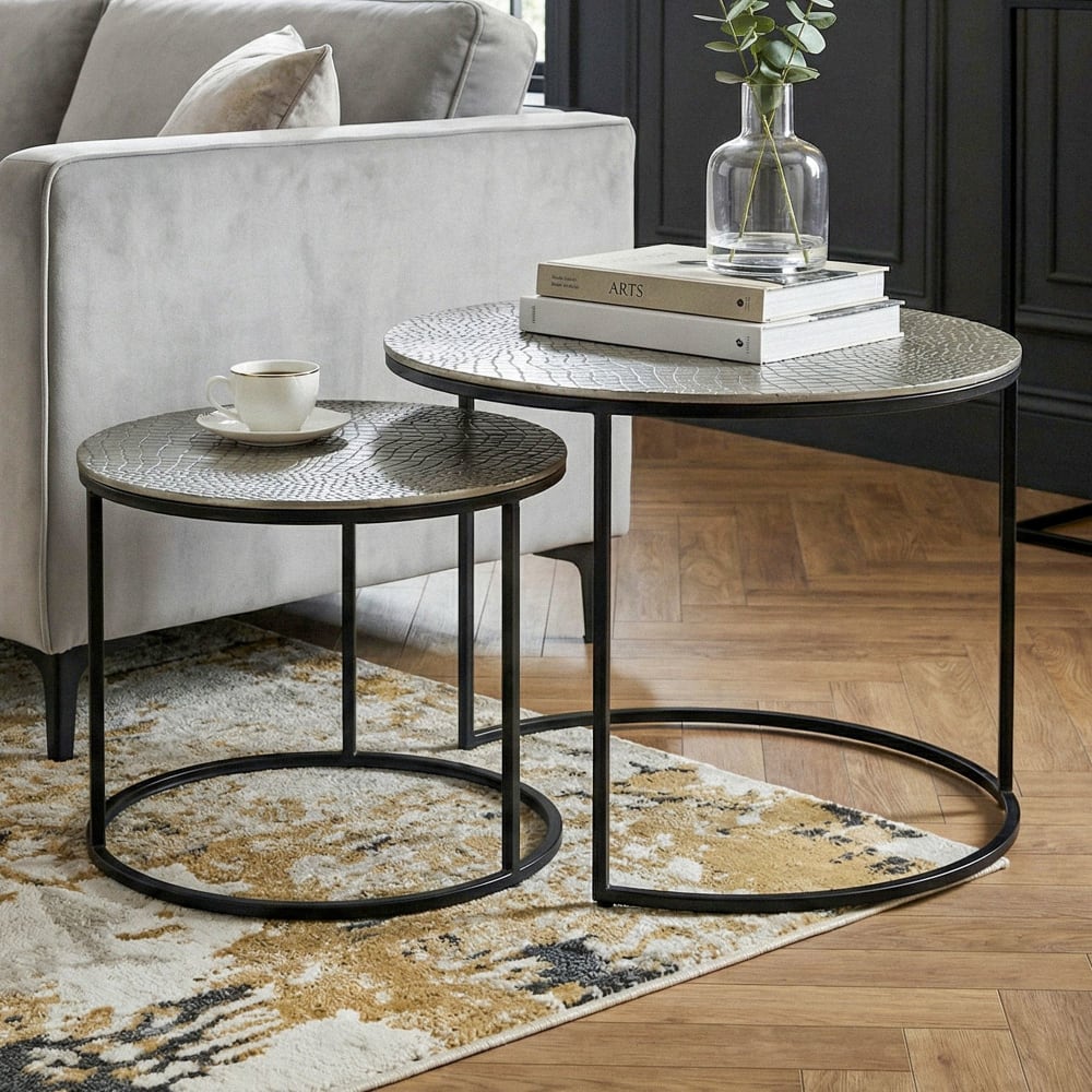 Table gigogne Argent lot de 2 métal rond table basse canapé table d'appoint aluminium alu FineBuy