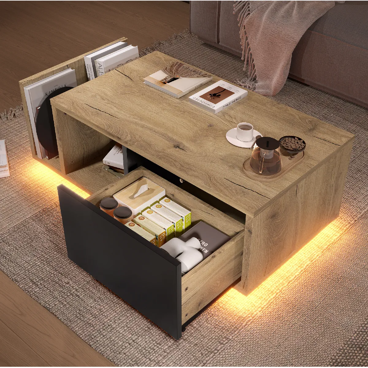 Table Basse Vintage avec LED Intégrée - Étagère Ouverte et Tiroir à Ressort - Structure Bois et Métal - Naturel - 99,5x53x38 cm
