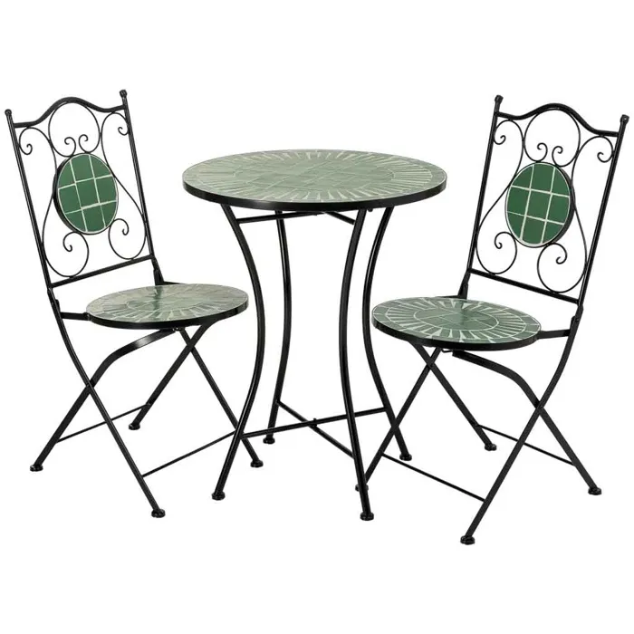 Ensemble table et 2 chaises en mosaïque et fer forgé Vert, table: D60