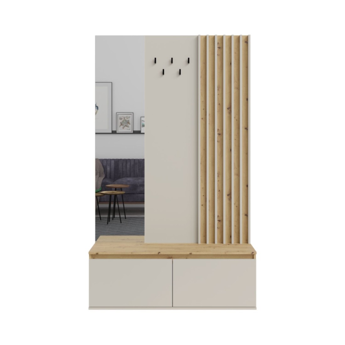 Meuble D'Entrée Nemo 120 Cm Avec Porte-manteau, Miroir Et Rangements - Chêne Clair Et Beige Cachemire