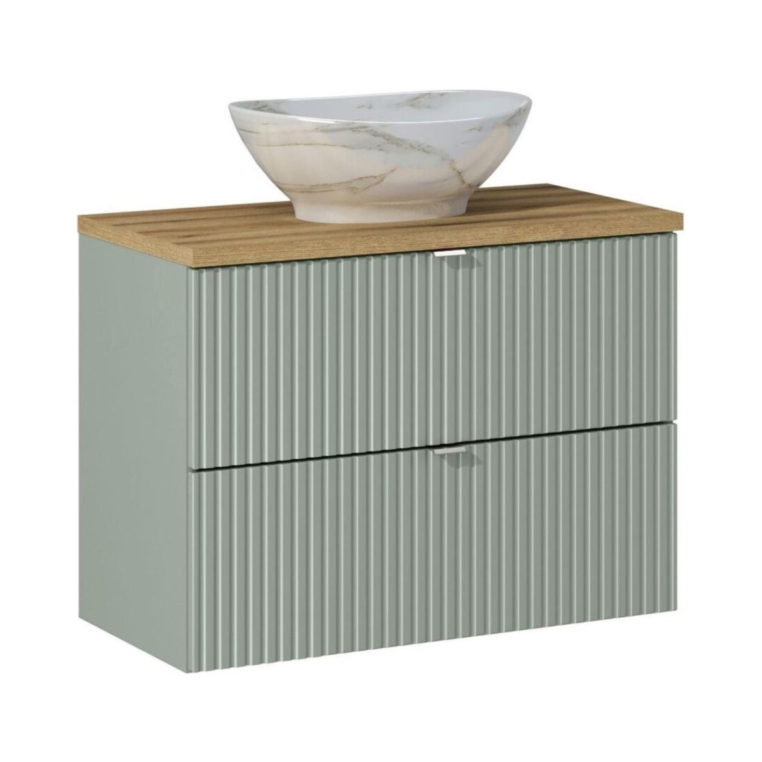 Ensemble Elvina 80cm: Meuble Sous Vasque À Tiroirs Vert + Plan Pour Vasque Aspect Bois Foncé + Vasque À Poser Marbrée