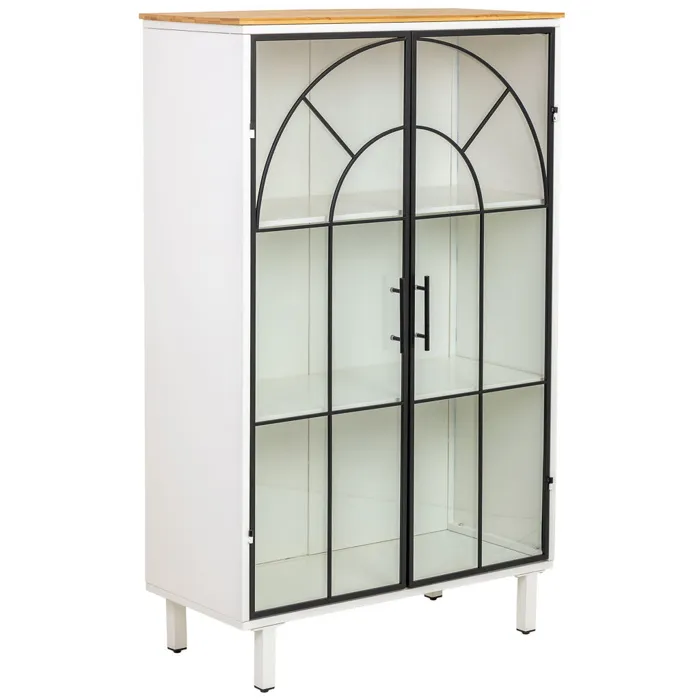 Vitrine En Métal, Bois Et Verre, 2 Portes, Blanc, 80x35x130,5h Cm