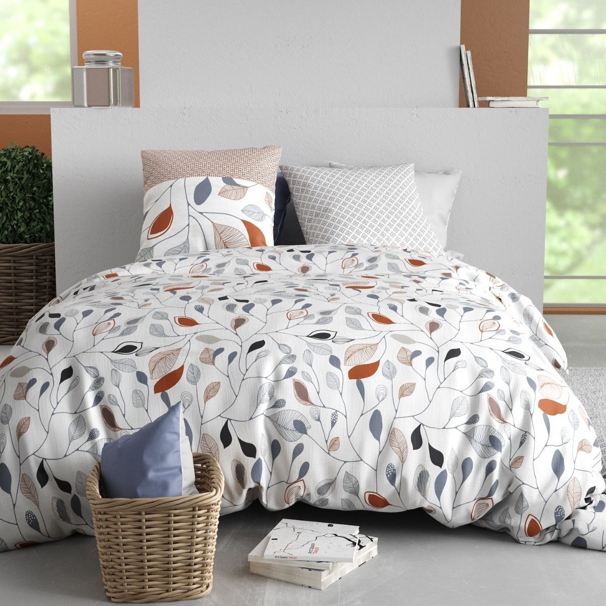 Parure Housse De Couette 260x240cm + 2 Taies Blanc Motif Feuillage Bleu Et Rouille 100% Coton - Tilda
