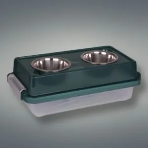 Iris Ohyama, Gamelle Surélevée avec Stockage Boite Plastique, 5L, Vert, Mangeoire pour Chien, Chat, avec Double Bol, CLips, FS-S