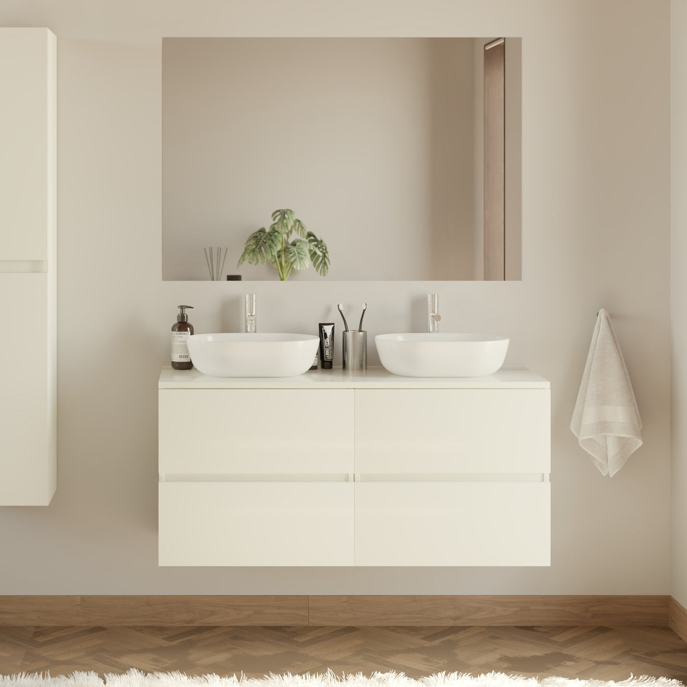 Meuble De Salle De Bain 140cm Avec Plateau Et 2 Vasques À Poser Arrondies - 4 Tiroirs - Blanc Brillant - Ida
