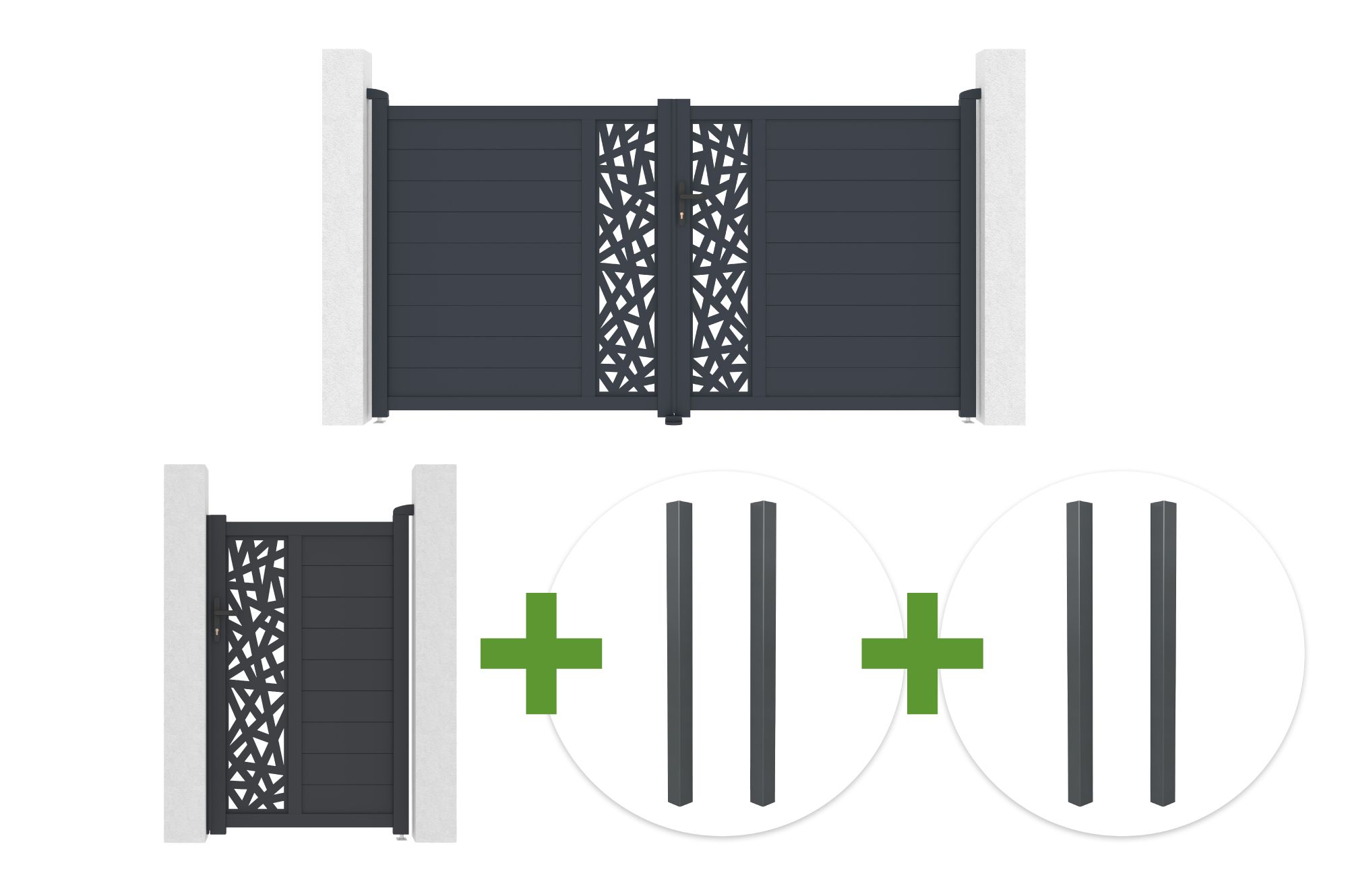 Portail Battant 3m Ruivo H.160cm Aluminium Gris + Portillon 1m Ruivo H.160cm + 4 Poteaux