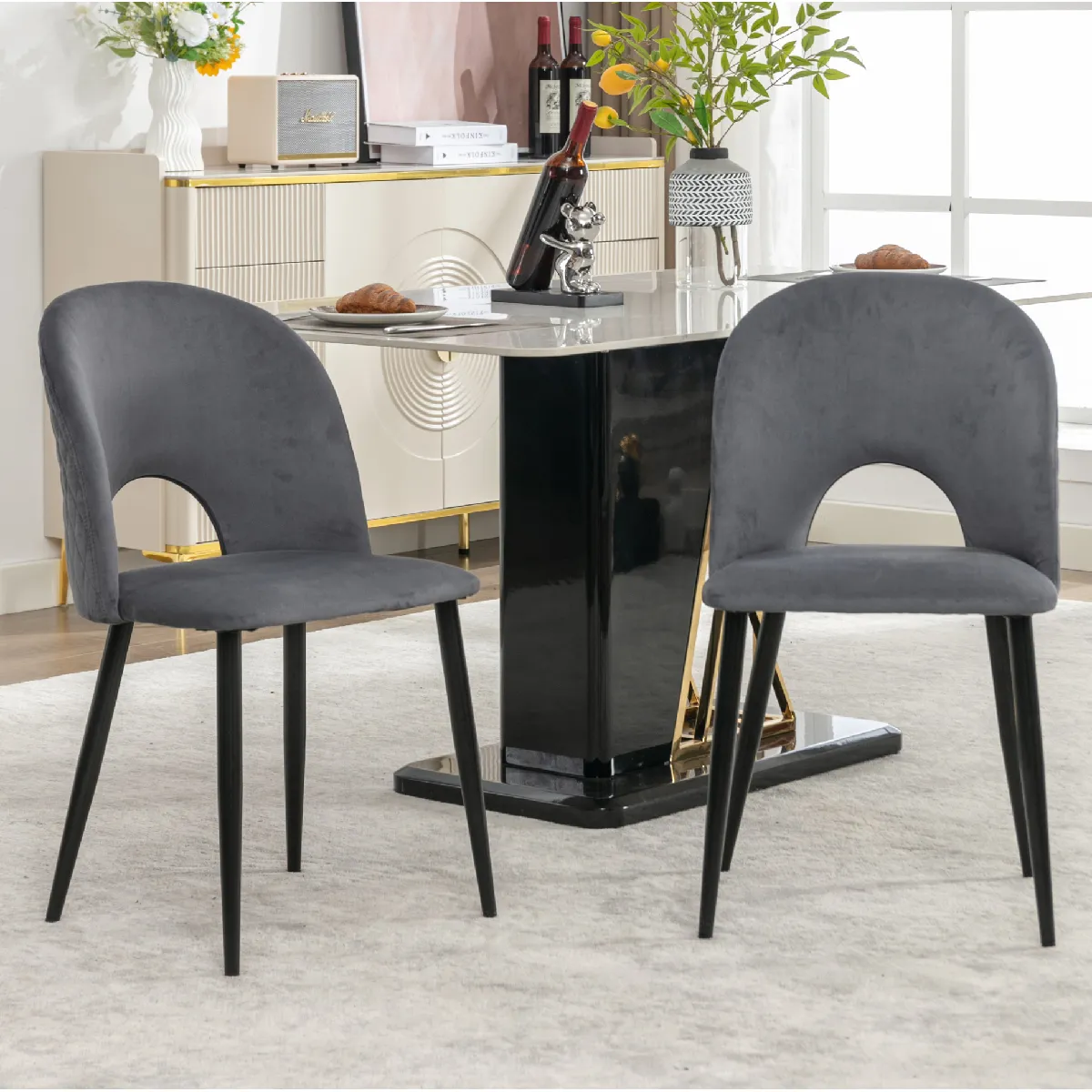Chaises de Salle à Manger Lot de 2 en Velours Gris avec Dossier à Motif Losanges et Pieds Métalliques Réglables, 47x44x84 cm