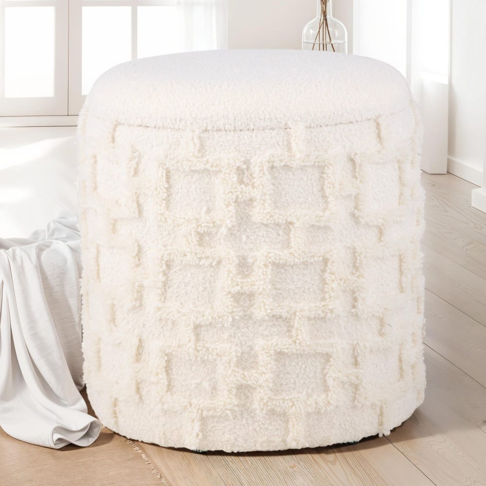 Finebuy Tabouret Rond Crème Avec Rangement Tissu Doux Salon Chambre Entrée