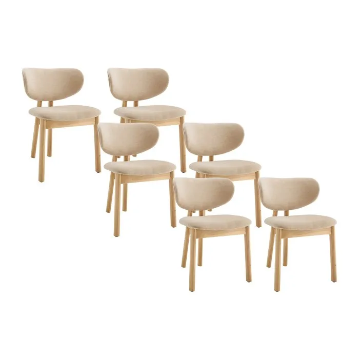Lot de 6 chaises en tissu et bois d'hévéa - Beige - FALDRA