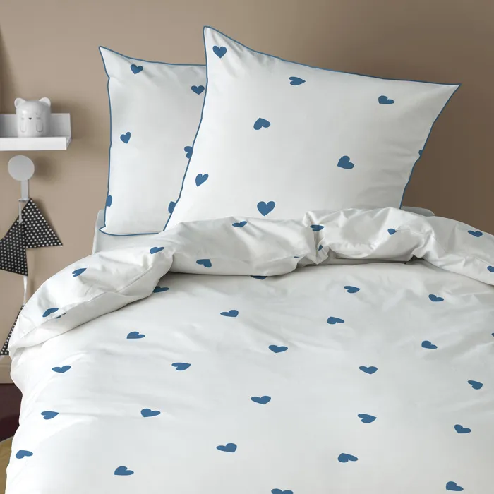 Parure de lit imprimée en coton blanc, bleu 140x200+65x65cm