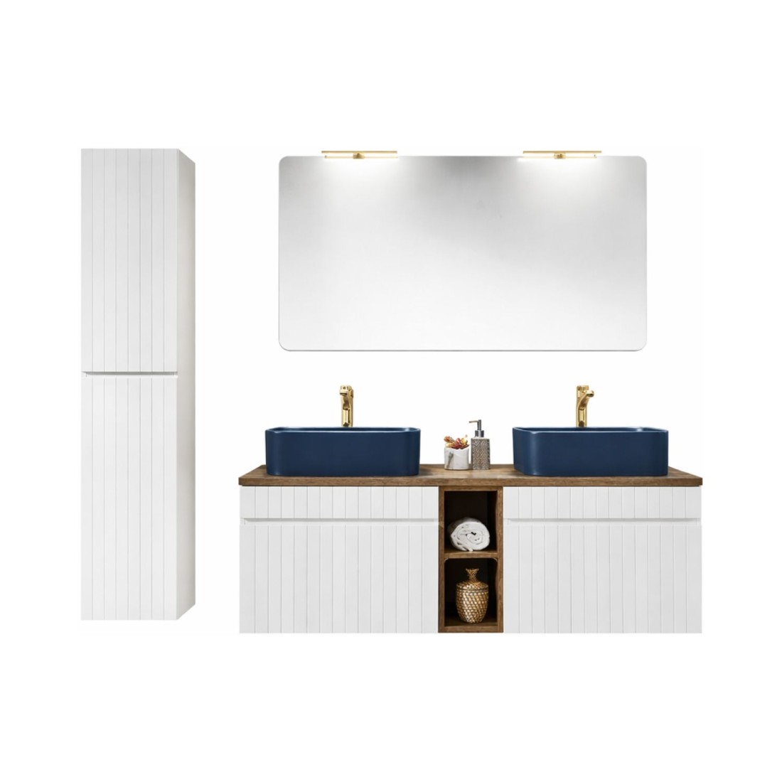 Ensemble Icon Blanc: Meubles Sous Vasque 140cm Avec Niches Visibles Bois + Deux Vasques À Poser Bleues + Miroir + Leds + Colonn