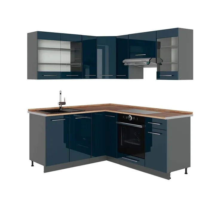 Vicco Cuisine dangle Bleu foncé brillant/Anthracite 190 x 160 cm, PT Chêne