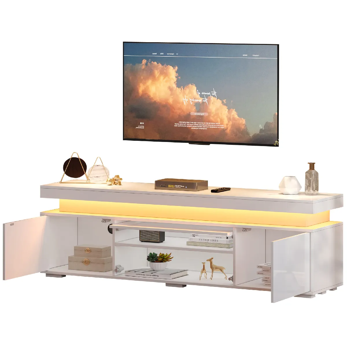 Meuble Tv, Meuble De Rangement Avec 3 Portes Et Bande Led - Blanc, En Panneaux De Particules - 150x35x43 Cm