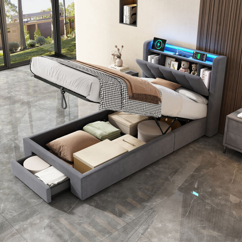 Lit Coffre 90x190 Cm - Lit Enfant Avec Coffre, Led, Boxspring, Tiroirs Et Prises - Gris - Sans Matelas