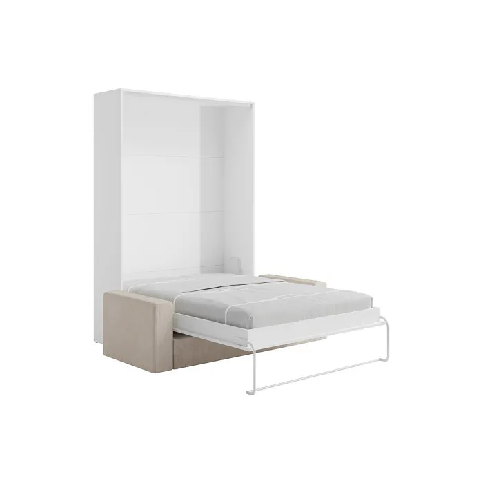 Lit escamotable 140 x 200 cm - Ouverture verticale manuelle - Blanc + Canapé en velours côtelé beige - BEGANIO