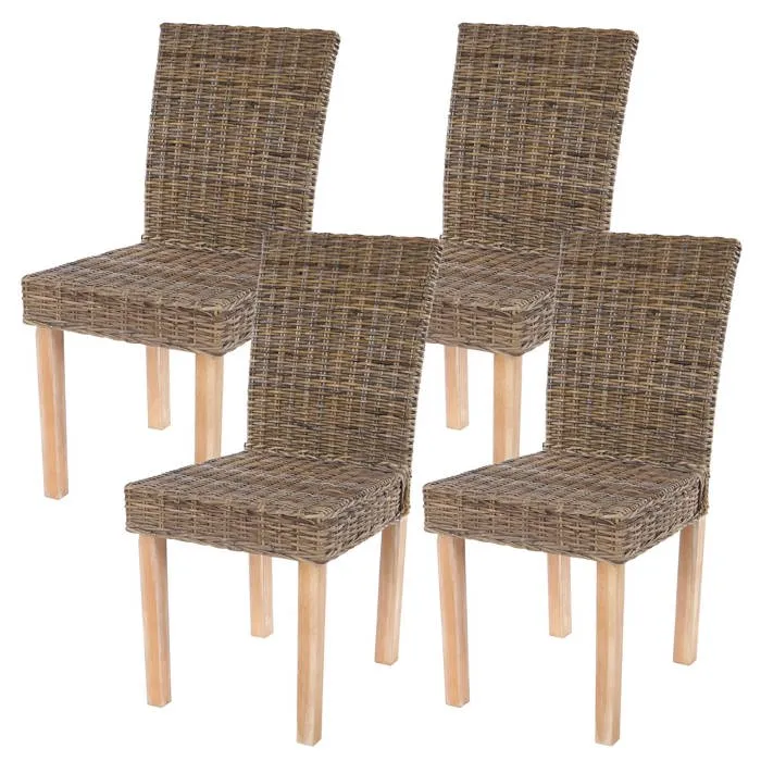 Lot De 4 Chaises De Salle À Manger En Kubu-rattan Naturel Gris Pieds En Bois Massif Style Naturel Et Rustique 040011438