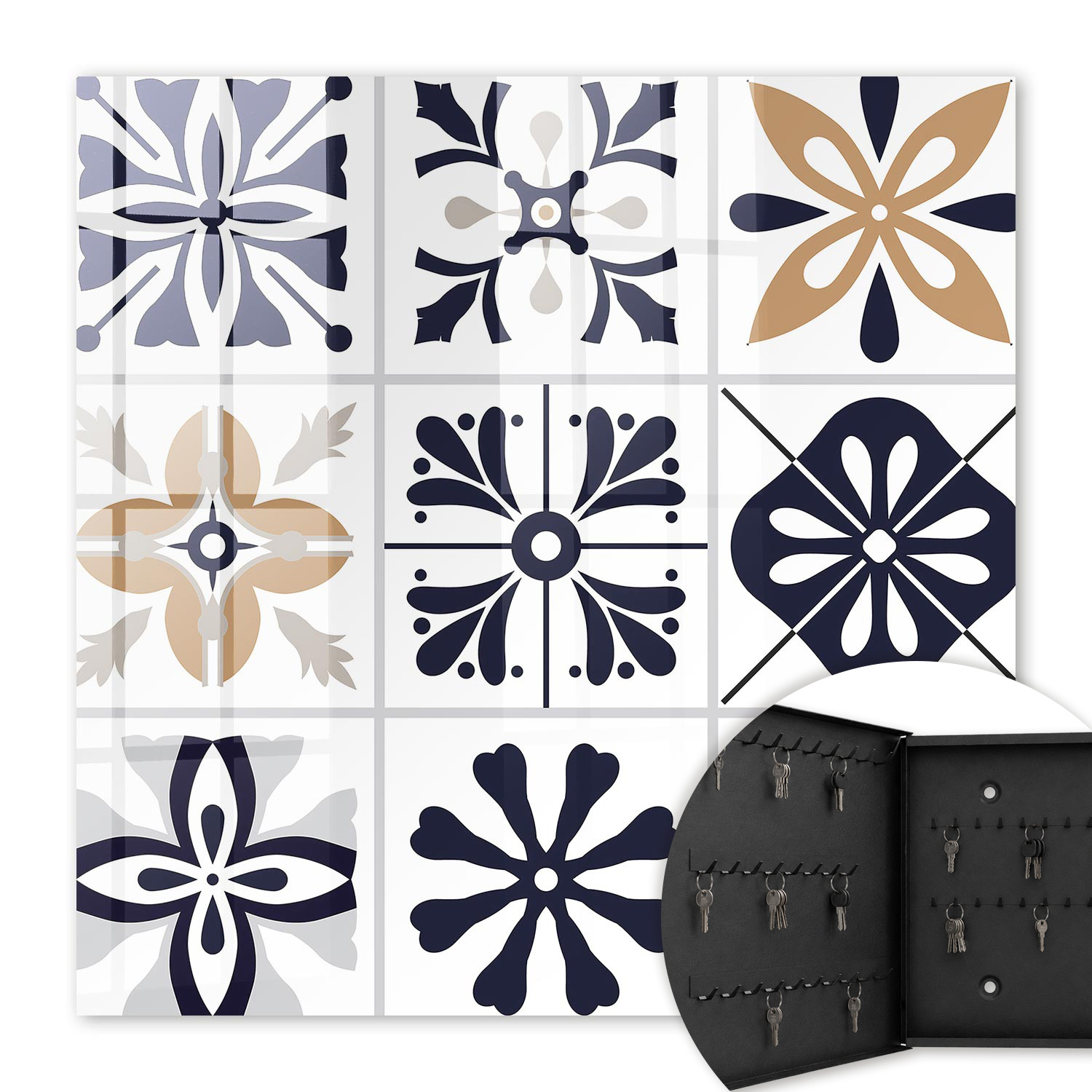 Armoire À Clés - (30 Cm X 30 Cm) - Boîte À Clés Murale - Coffret De Rangement Pour Clés - Couleur Noire - Ouverture Vers La Gauche - Pour Maison Et Bureau - Motifs Géométriques