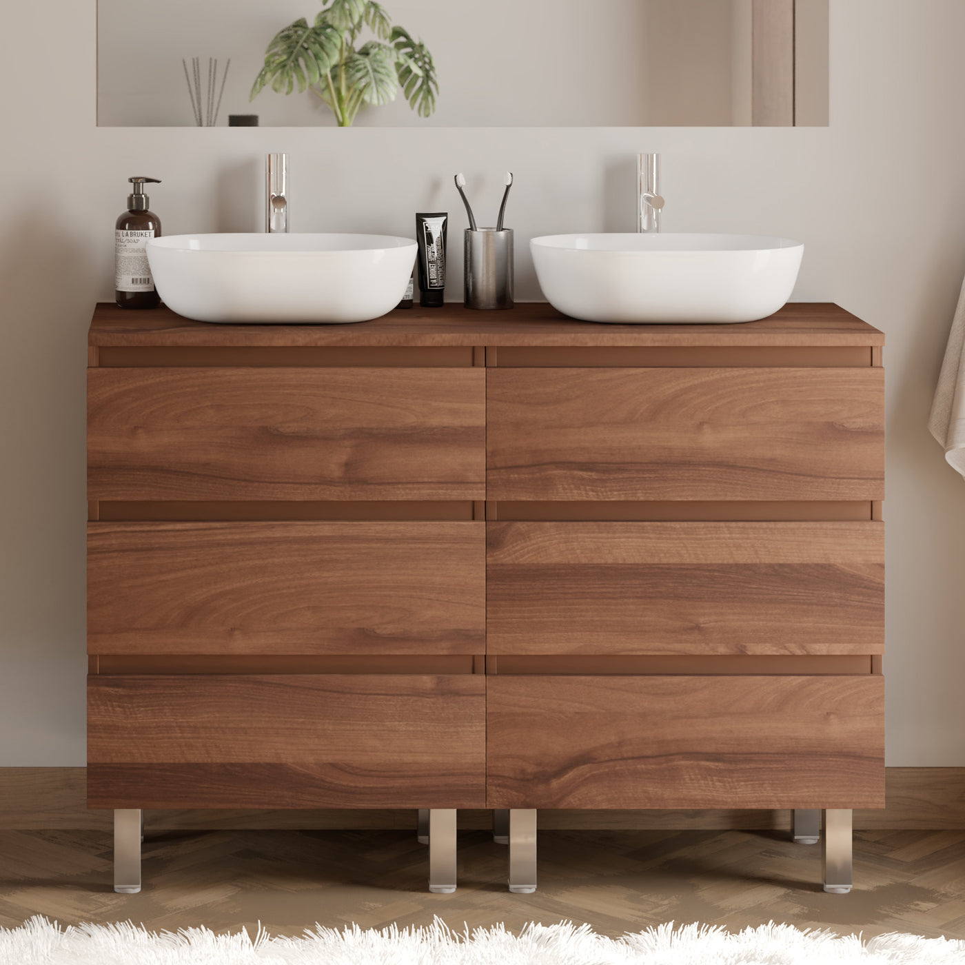 Meuble De Salle De Bain 140cm Avec Plateau Et 2 Vasques À Poser Arrondies - 6 Tiroirs - Sans Miroir - Noyer (bois Foncé) - Mayor