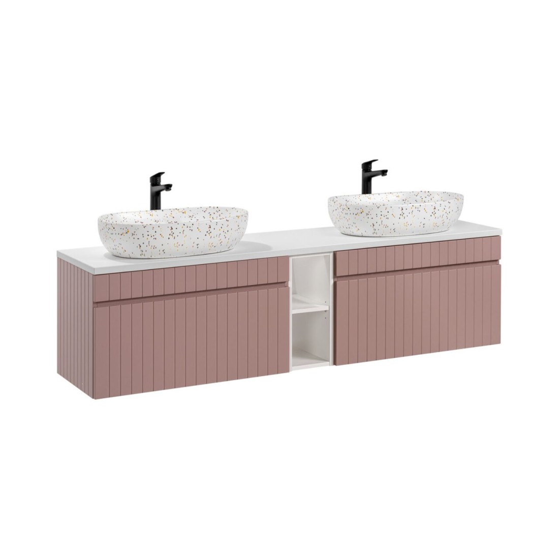 Ensemble Icon: Meubles Sous Vasque 180cm Avec Niches Visibles + Plan Pour Vasque + Deux Vasques À Poser Mouchetées