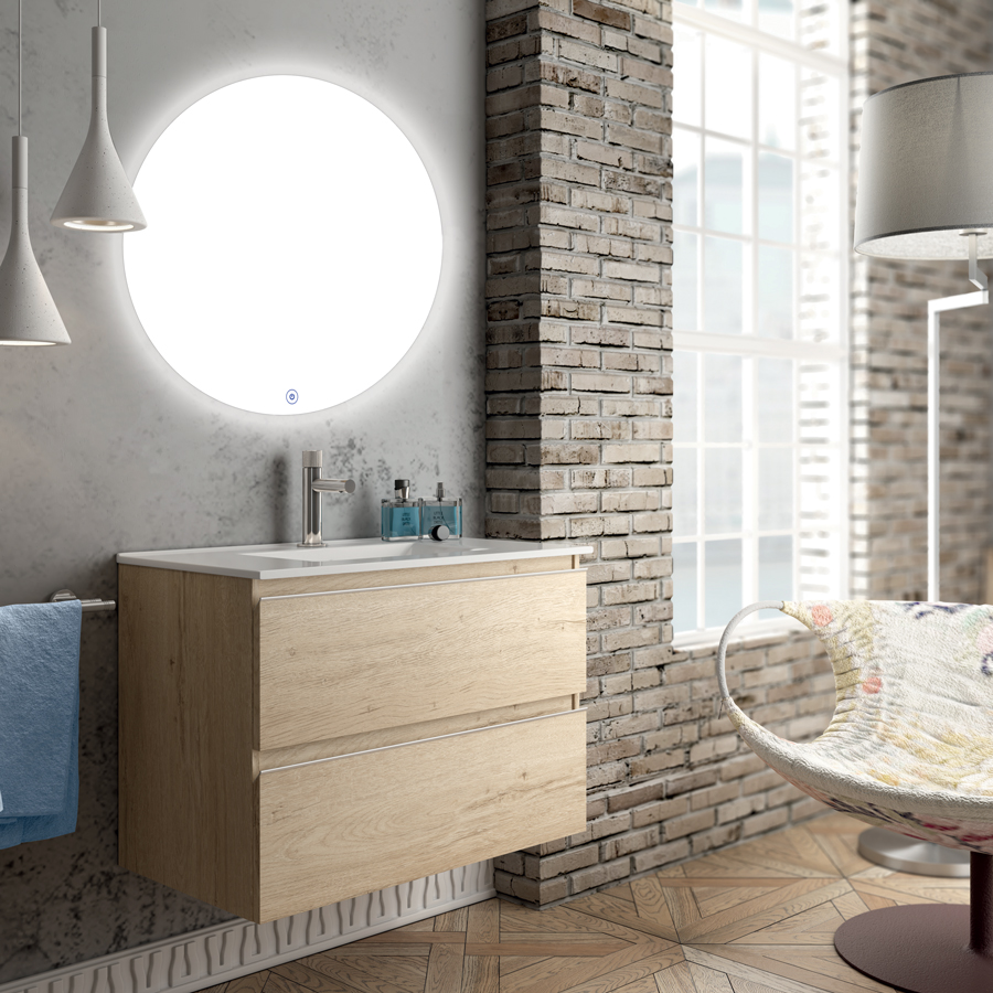 Meuble de salle de bain BALEA simple vasque 2 tiroirs miroir rond Led SOLEN bambou (chêne clair) 80 cm COSYNEO INGBALEA80SOLENBAM