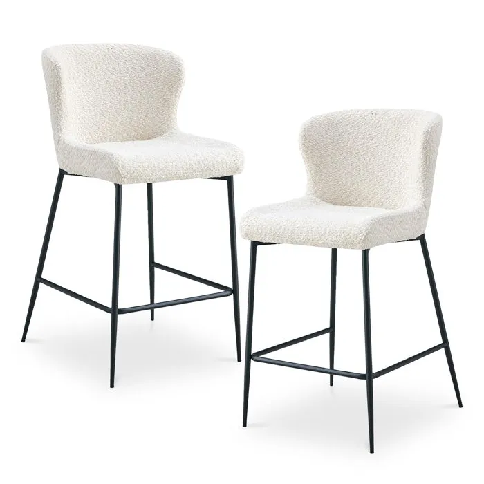 Lot de 2 tabourets tissu bouclette blanc écru piètement métal noir