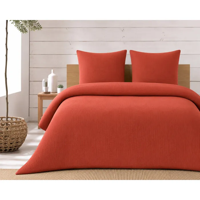 Parure De Lit Complète 260 X 240 Cm Gaze De Coton - 2 Taies 63x63 Cm + Drap Housse 160x200 Cm Terracotta