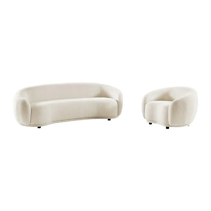 Canapé 3 places et fauteuil en tissu bouclette blanc ivoire BOVANA