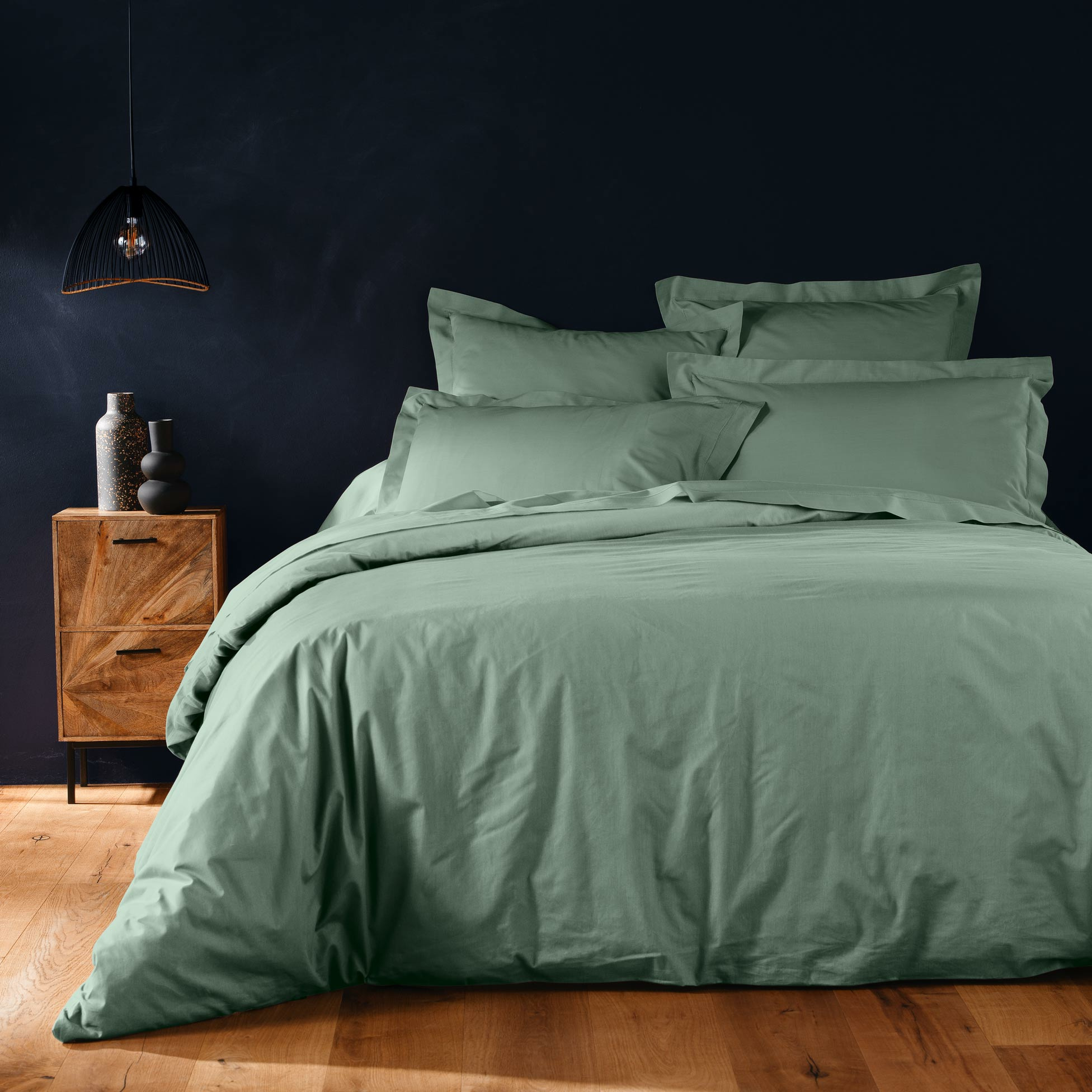Parure De Lit 240 X 220 Cm Unie 57 Fils - Linaé Sauge - 2 Taies 63 X 63 Cm Incluses