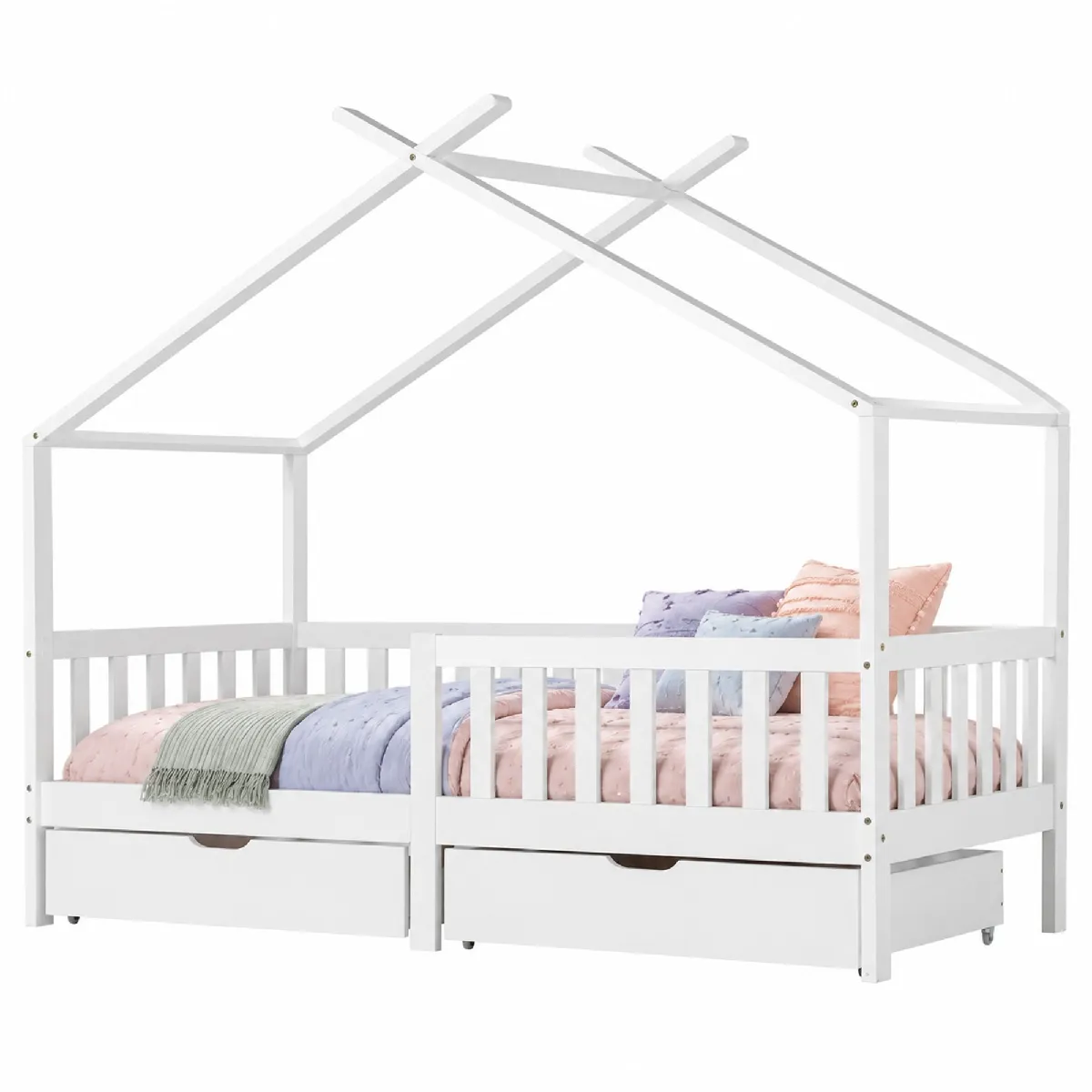 Lit enfant en forme de maison en pin blanc avec 2 tiroirs 90 x 200 cm