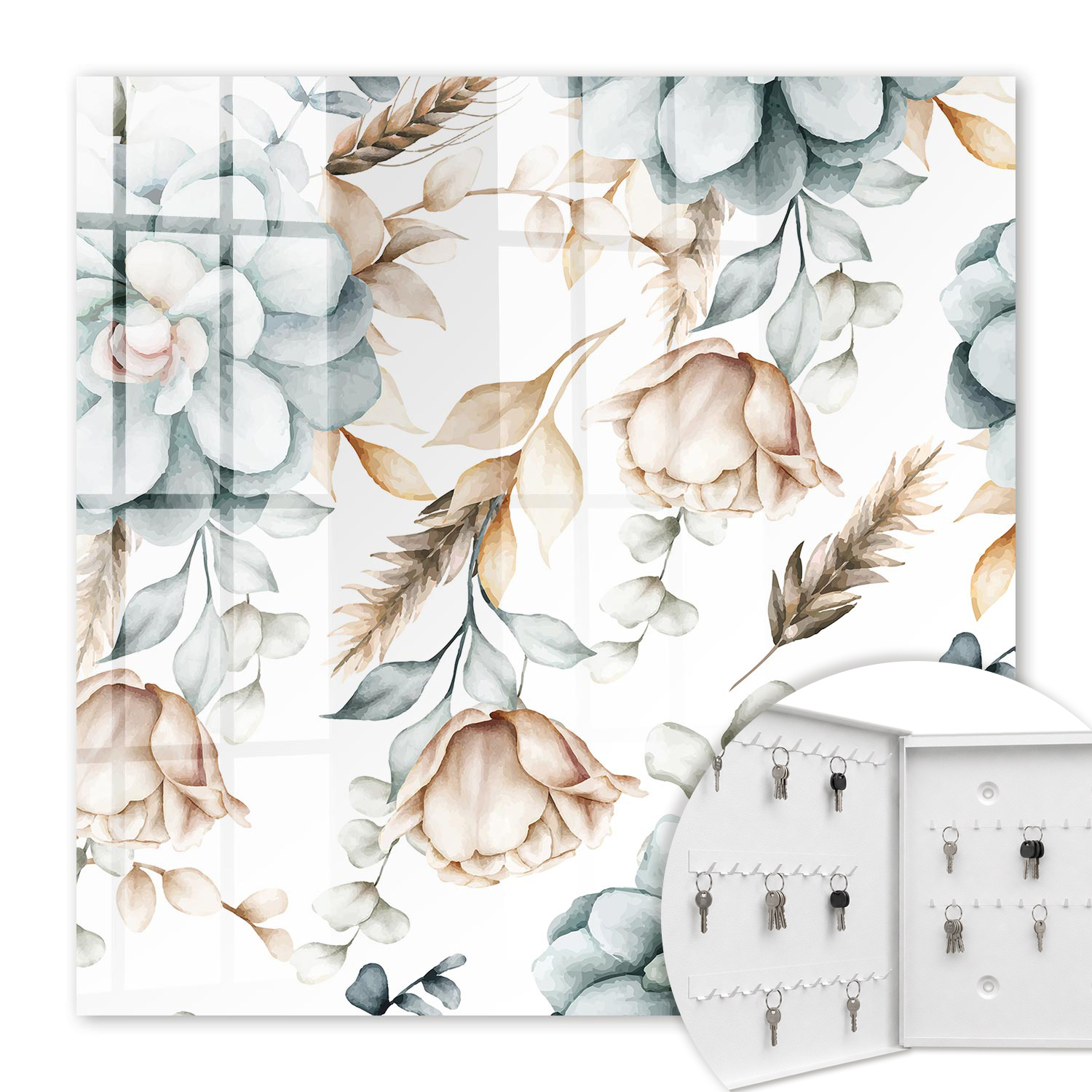 Armoire À Clés - (30 Cm X 30 Cm) - Boîte À Clés Murale - Coffret De Rangement Pour Clés - Couleur Blanche - Ouverture Vers La Gauche - Pour Maison Et Bureau - Fleurs À L'Aquarelle