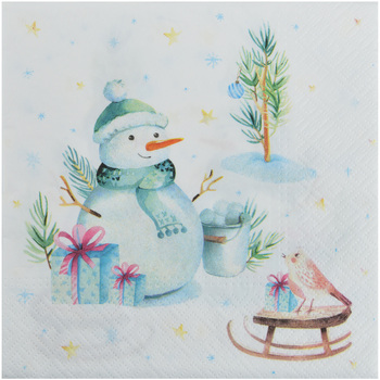 20 serviettes en papier Bonhomme de neige et oiseau
